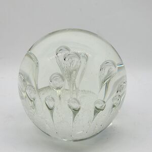 Art Glass Clear Paperweight Controlled Bubbles Handblown 4"